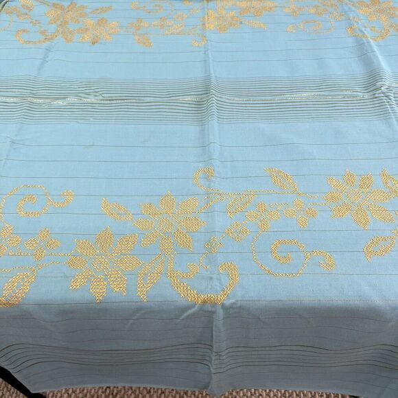 Vintage Blue Rectangular Dining Room Table Cloth w/ Gold Cross Stitch Flowers - Picture 7 of 11